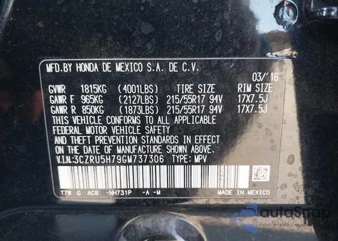2016 Honda Hr-V Ex-L from USA, damaged, VIN 3CZRU5H79GM737306